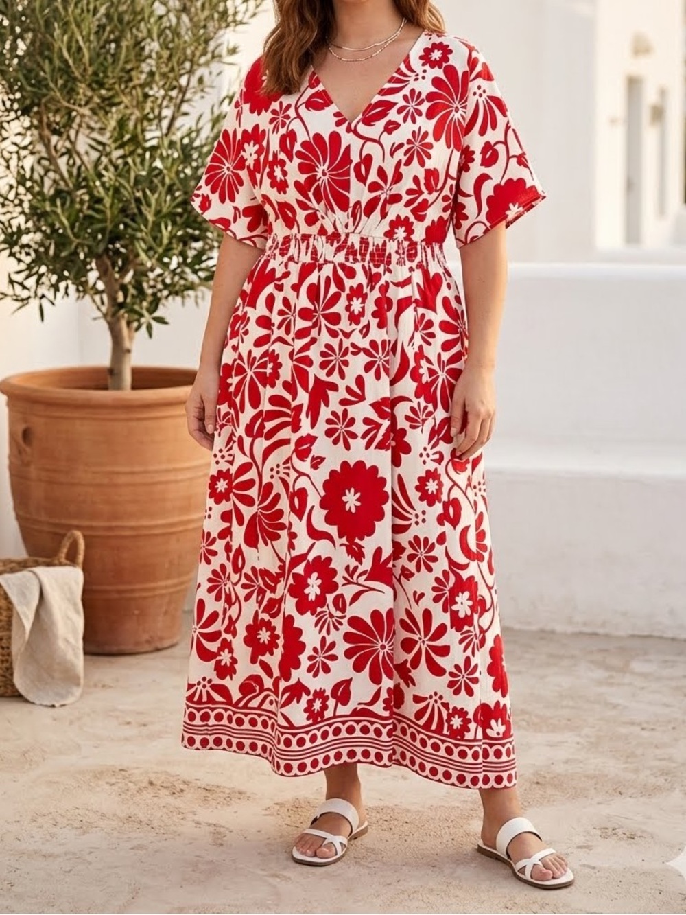 BloomChic Maxi Dress Red short sleeve Floral V-Neck lined Side Slits sz 12 NWT